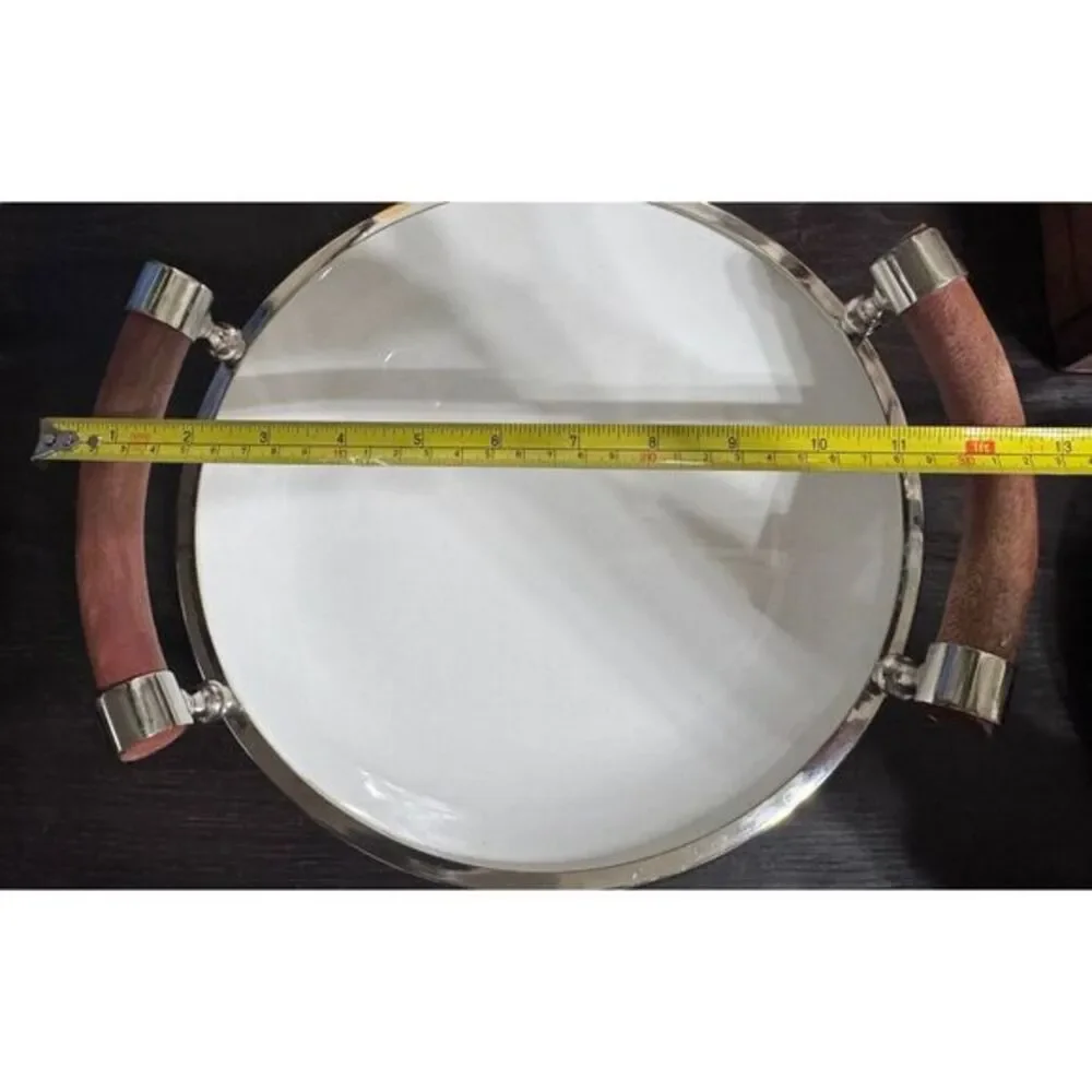 Set‎ Of Two White Ceramic Salad Trys With Wooden Handles And Chrome Rims.
